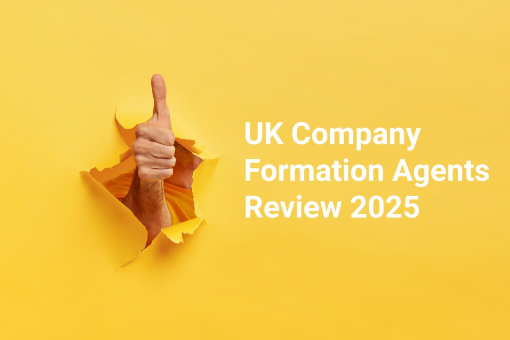Hand giving thumbs up gesture through torn yellow wall, with a headline of 'UK Company Formation Agents Review 2025'.