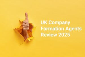 Hand giving thumbs up gesture through torn yellow wall, with a headline of 'UK Company Formation Agents Review 2025'.