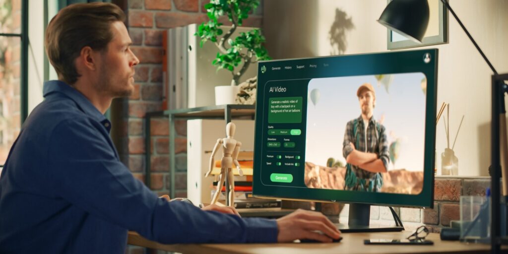 Young creative business owner using AI image generation software on his desktop computer.