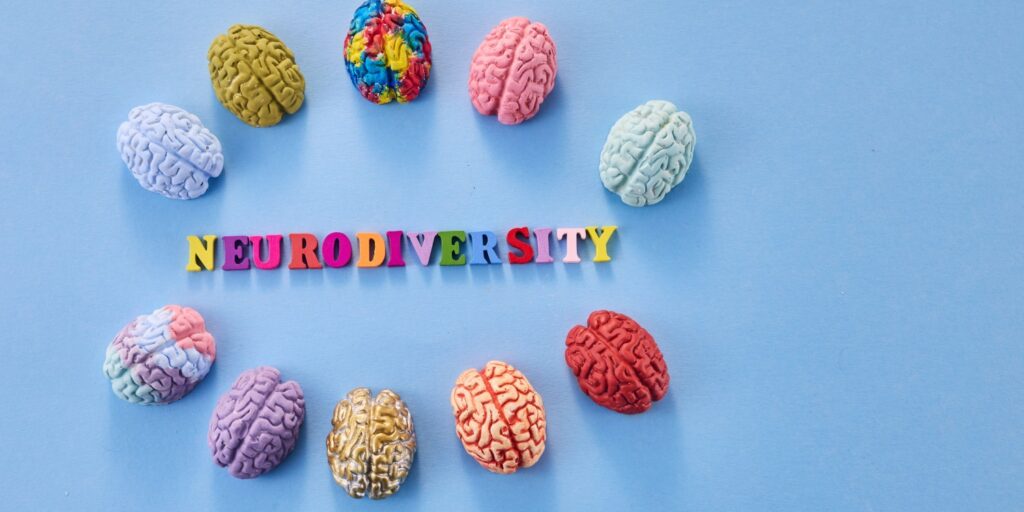 A circular arrangement of colourful model brains on a light blue background, with each brain in a unique colour or pattern, representing different types of minds. In the centre, the word “NEURODIVERSITY” is spelled out in bold, multicoloured letters, celebrating the concept of cognitive diversity