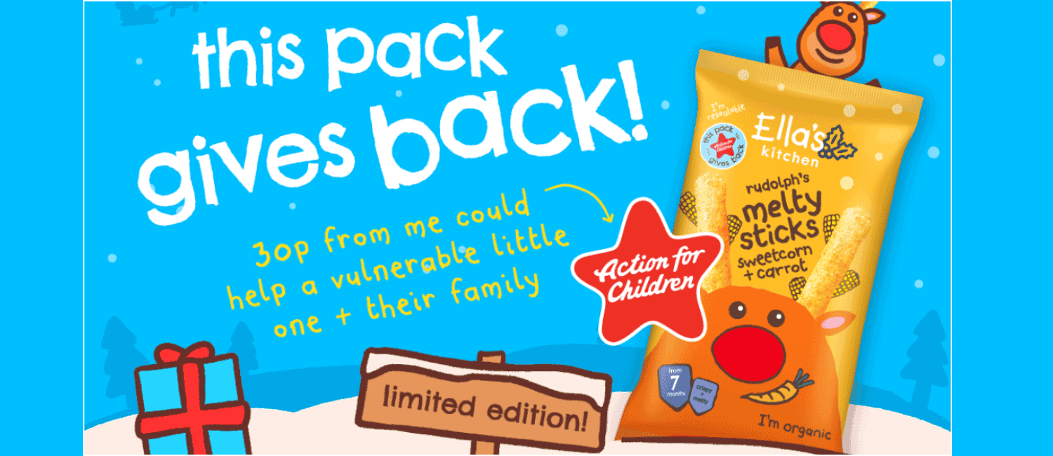 Festive Ella’s Kitchen snack pack featuring Rudolph’s Melty Sticks with sweetcorn and carrot. The packaging highlights that 30p from each pack supports Action for Children, helping vulnerable families