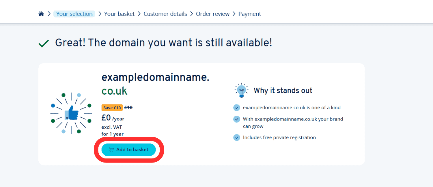 Webpage depicting how the IONOS page looks when your domain name is available.