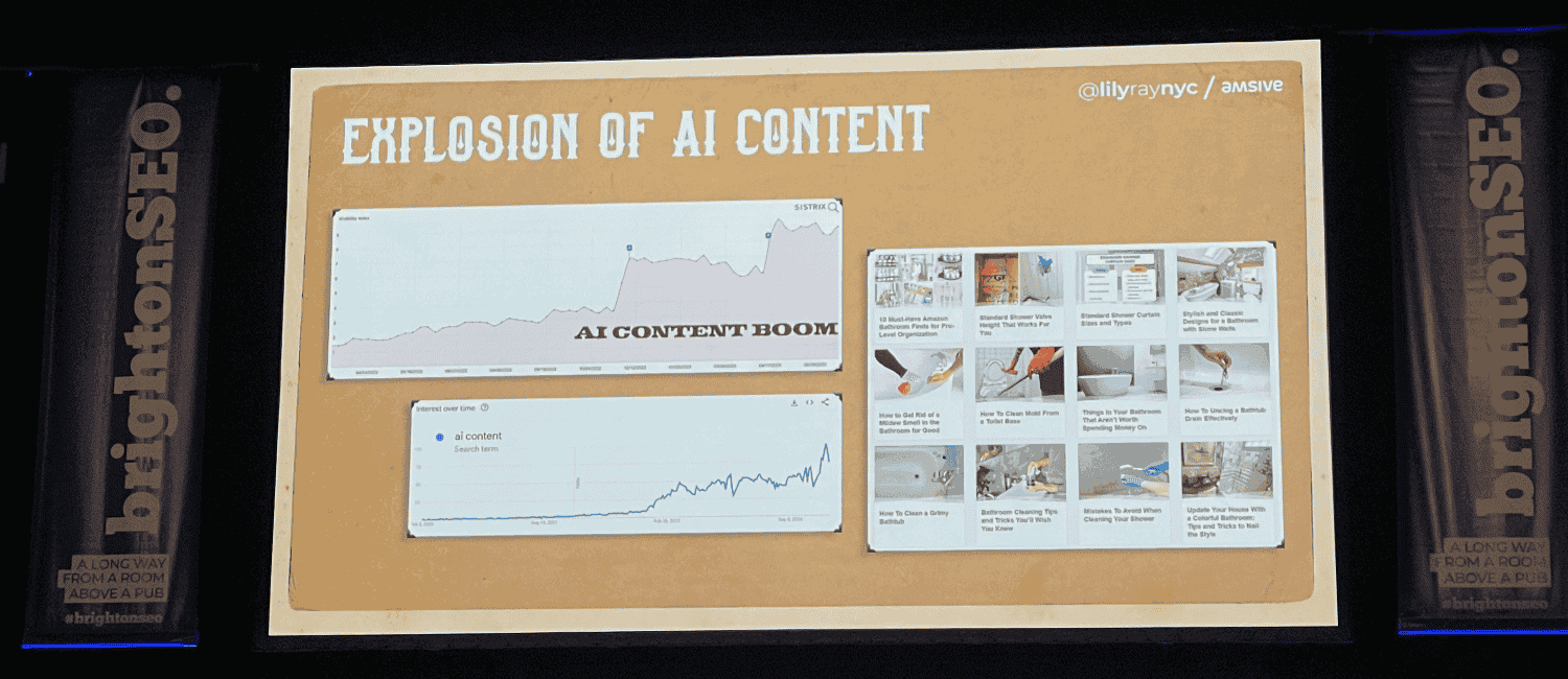 Photograph of slide presentation by Lily Ray at brightonSEO on the explosion of AI content, with illustrative examples