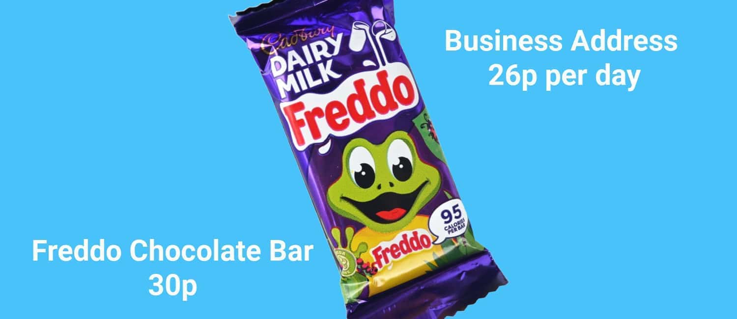 A Cadburys Dairy Milk Freddo Bar against a blue background with text ''Freddo Cocolate Bar 30p' and 'Busienss Address 26p per day'.
