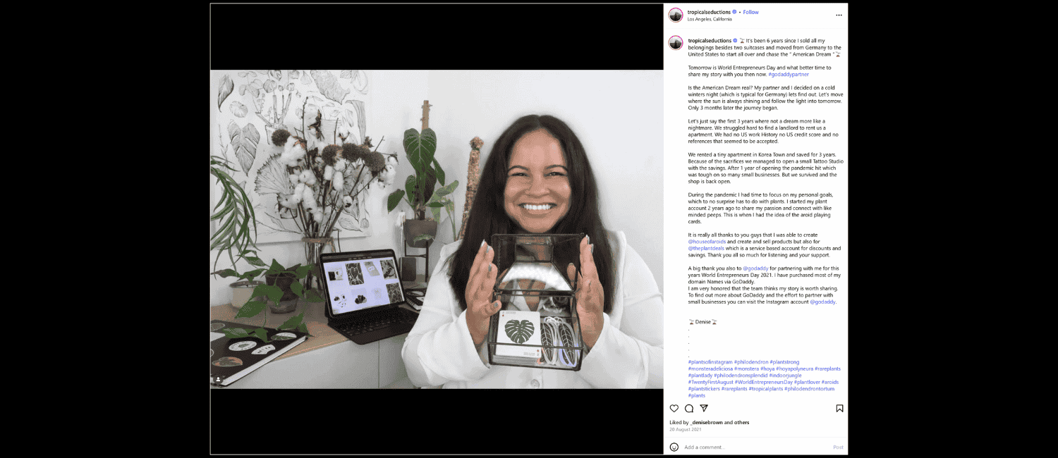 An Instagram post screenshot showing a woman holding a terrarium filled with plants, surrounded by greenery and a laptop displaying plant-related designs.