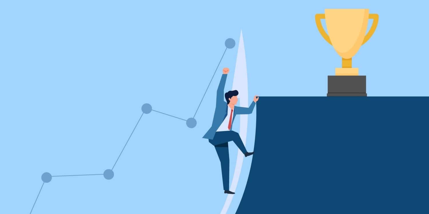 Illustration of a businessman climbing a steep curve toward a trophy, with a rising graph in the background, symbolising the effort and growth required to scale a business successfully