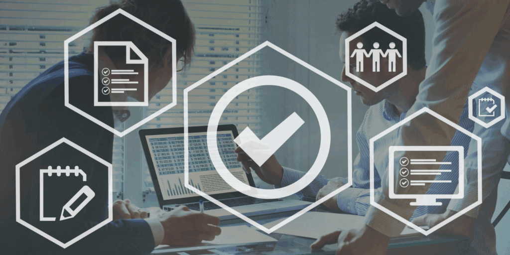 Business team reviewing data with digital checklist icons — concept of Companies House personal code and account access