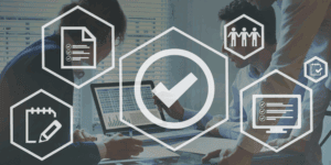 Business team reviewing data with digital checklist icons — concept of Companies House personal code and account access