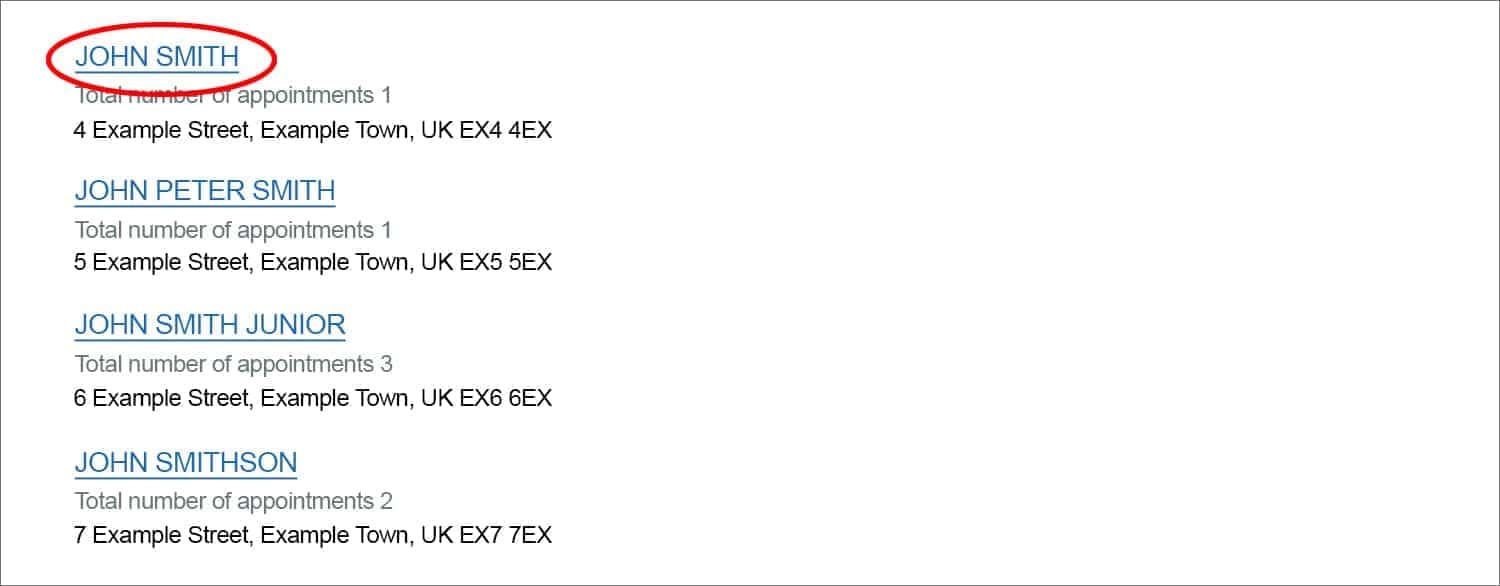 Screenshot of the Companies House 'Search the register' tool's results page
