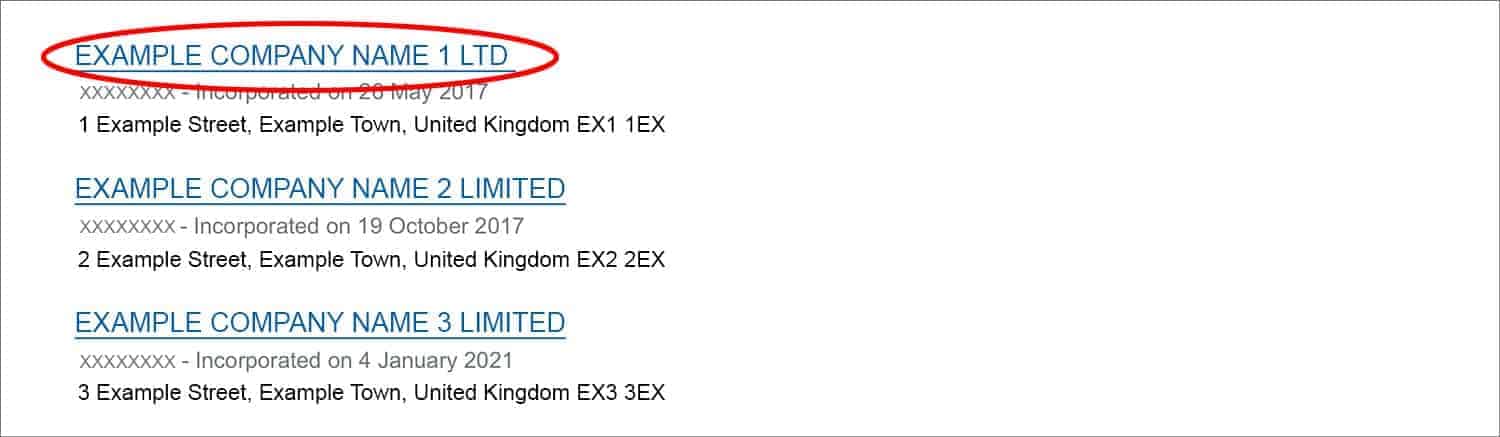Screenshot of the Companies House 'Search the register' tool's results page