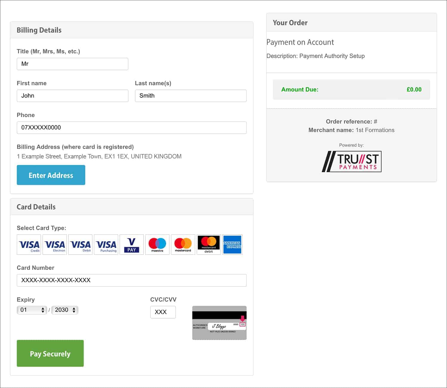 1st Formations Card Payment Page.