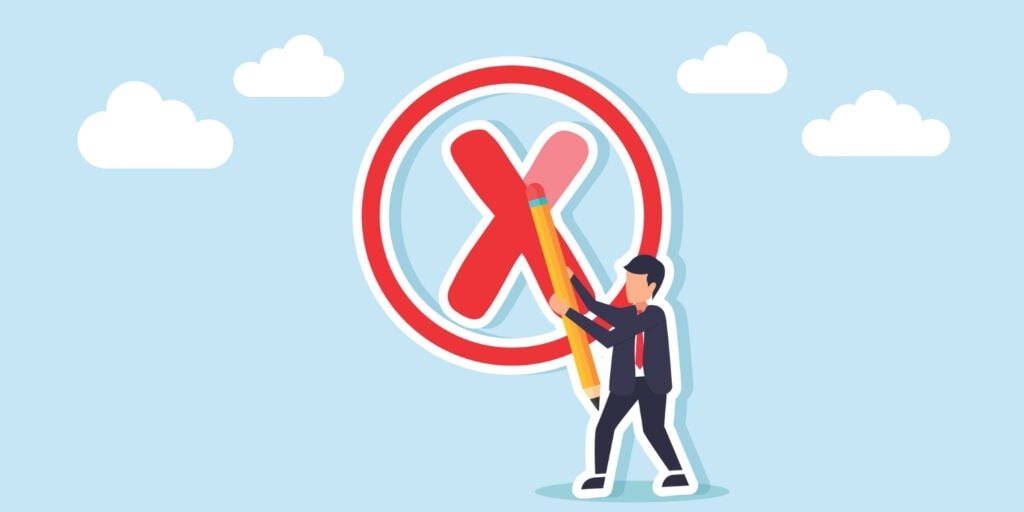 Illustration of a businessperson drawing a red X inside a circle. Concept of company closure or strike off