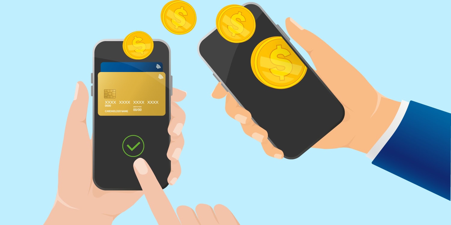 Illustration of mobile payment between two smartphones, symbolizing fast and fair digital transactions.