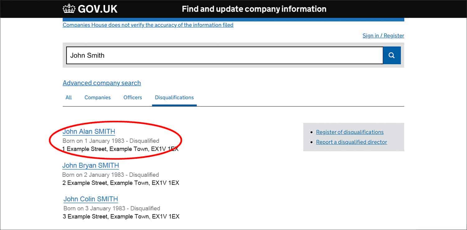 Screenshot of Companies House 'advanced company search - disqualifications' page, with a red circle around the name of a disqualified director.