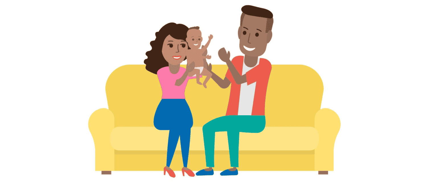 A couple sit on a sofa playing with their baby. They are talking about how salary sacrifice can affect statutory maternity and paternity pay.