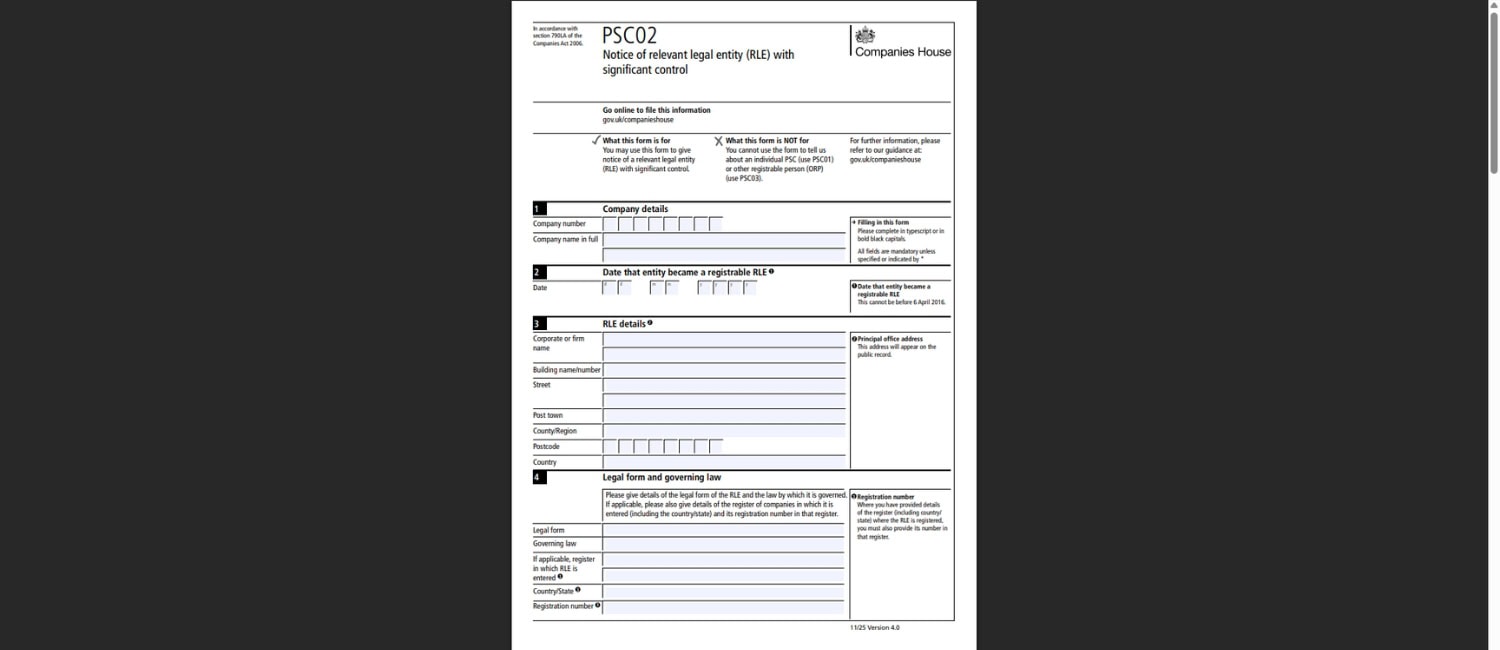 Screenshot of the PSC02 form from Companies House titled “Notice of relevant legal entity (RLE) with significant control".