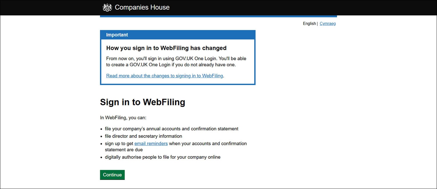 Companies House WebFiling sign-in page, showing instructions for signing in with GOV.UK One Login to file company information online.