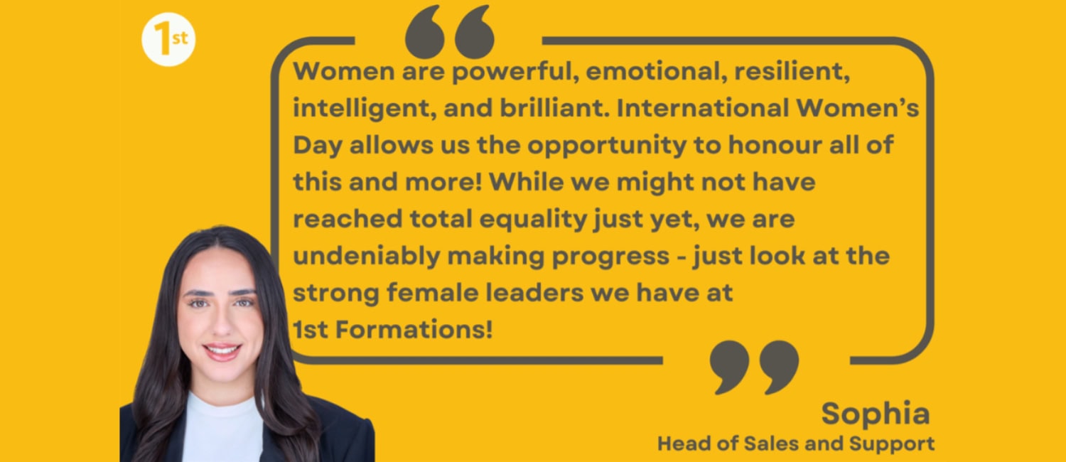 Sophia, Head of Sales and Support at 1st Formations, pictured against a yellow background alongside a quote celebrating women as powerful, resilient, and intelligent in honour of International Women’s Day.