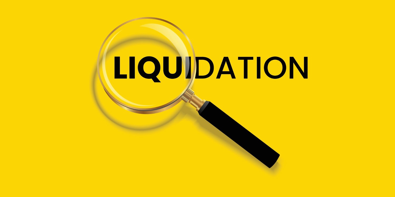 Vector image with the word 'LIQUIDATION' in black font colour, with a magnifying glass sitting over part of the word and a yellow background.