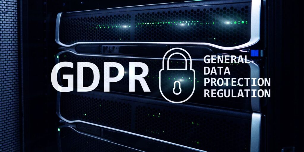 "GDPR (General Data Protection Regulation) lock icon overlaid on a server rack, symbolising data protection compliance."