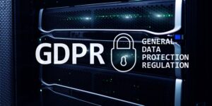 "GDPR (General Data Protection Regulation) lock icon overlaid on a server rack, symbolising data protection compliance."
